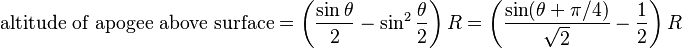 \text{altitude of apogee above surface}=\left(\frac{\sin\theta}2-\sin^2\frac\theta 2\right)R=\left(\frac{\sin(\theta+\pi/4)}\sqrt{2}-\frac 1 2\right)R