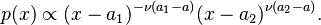 p(x) \propto (x-a_1)^{-\nu (a_1-a)} (x-a_2)^{\nu (a_2-a)}.