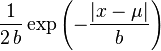 \frac{1}{2\,b} \exp \left(-\frac{|x-\mu|}b \right) \,