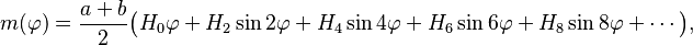 
m(\varphi)=\frac{a+b}2\bigl(H_0\varphi+H_2\sin 2\varphi+H_4\sin4\varphi+H_6\sin6\varphi+H_8\sin8\varphi+\cdots\bigr),
