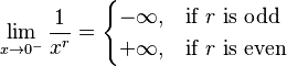 \lim_{x \to 0^-} \frac{1}{x^r} = \begin{cases} -\infty, & \text{if } r \text{ is odd} \\ +\infty, & \text{if } r \text{ is even}\end{cases} 