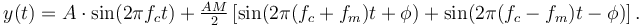 y(t) = A\cdot \sin(2 \pi f_c t) + \begin{matrix}\frac{AM}{2} \end{matrix} \left[\sin(2 \pi (f_c + f_m) t + \phi) + \sin(2 \pi (f_c - f_m) t - \phi)\right].\,