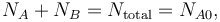  N_A + N_B = N_\mathrm{total} = N_{A0}, 