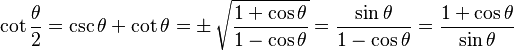  \cot \frac{\theta}{2} = \csc \theta + \cot \theta = \pm\, \sqrt\frac{1 + \cos \theta}{1 - \cos \theta} = \frac{\sin \theta}{1 - \cos \theta} = \frac{1 + \cos \theta}{\sin \theta} 