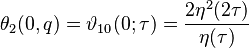 \theta_2(0,q) = \vartheta_{10}(0;\tau) = \frac{2\eta^2(2\tau)}{\eta(\tau)}