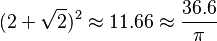 (2+\sqrt{2})^2 \approx 11.66 \approx {36.6\over \pi}