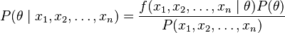 
    P(\theta\mid x_1,x_2,\ldots,x_n) = \frac{f(x_1,x_2,\ldots,x_n\mid\theta)P(\theta)}{P(x_1,x_2,\ldots,x_n)}
  