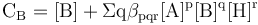 \mathrm{C_B = [B] + \Sigma q \beta_{pqr}[A]^p[B]^q[H]^r}