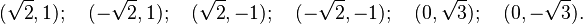  (\sqrt{2},1); \quad (-\sqrt{2},1); \quad (\sqrt{2},-1); \quad (-\sqrt{2},-1); \quad (0,\sqrt{3}); \quad (0,-\sqrt{3}). 