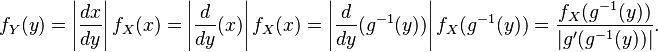 f_Y(y) = \left| \frac{dx}{dy} \right| f_X(x) = \left| \frac{d}{dy} (x) \right| f_X(x) = \left| \frac{d}{dy} (g^{-1}(y)) \right|f_X(g^{-1}(y)) = \frac{f_X(g^{-1}(y))}{|g'(g^{-1}(y))|}.