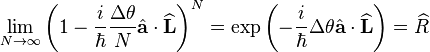  \lim_{N \rightarrow \infty} \left(1 - \frac{i}{\hbar}\frac{\Delta \theta}{N} \hat{\mathbf{a}} \cdot \widehat{\mathbf{L}} \right)^N = \exp\left( - \frac{i}{\hbar}\Delta \theta \hat{\mathbf{a}} \cdot \widehat{\mathbf{L}}\right) = \widehat{R} 