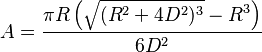 A=\frac{\pi R\left(\sqrt{(R^2+4D^2)^3}-R^3\right)}{6D^2}