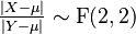  \tfrac{|X-\mu|}{|Y-\mu|} \sim \operatorname{F}(2,2) 