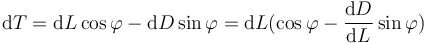 \mbox{d}T = \mbox{d}L\cos\varphi-\mbox{d}D\sin\varphi = \mbox{d}L(\cos\varphi-\frac{\mbox{d}D}{\mbox{d}L}\sin\varphi)