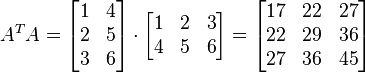 
  A^{T}A = \begin{bmatrix}
             1 & 4\\
             2 & 5\\
             3 & 6
           \end{bmatrix} \cdot
           \begin{bmatrix}
             1 & 2 & 3 \\
             4 & 5 & 6
           \end{bmatrix} =
           \begin{bmatrix}
             17 & 22 & 27 \\
             22 & 29 & 36\\
             27 & 36 & 45
           \end{bmatrix}
