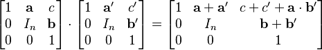  \begin{bmatrix} 1 & \mathbf a & c \\ 0 & I_n & \mathbf b \\ 0 & 0 & 1 \end{bmatrix} \cdot \begin{bmatrix}1 & \mathbf a' & c' \\ 0 & I_n & \mathbf b' \\ 0 & 0 & 1 \end{bmatrix} =  \begin{bmatrix} 1 & \mathbf a+ \mathbf a' & c+c' +\mathbf a \cdot \mathbf b' \\ 0 & I_n & \mathbf b+\mathbf b' \\ 0 & 0 & 1 \end{bmatrix}  