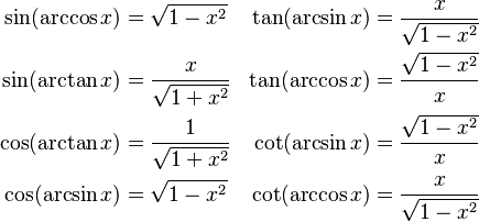 
\begin{align}
\sin(\arccos x) & =\sqrt{1-x^2} &
\tan(\arcsin x) & =\frac{x}{\sqrt{1 - x^2}} \\
\sin(\arctan x) & =\frac{x}{\sqrt{1+x^2}} & \tan(\arccos x) & =\frac{\sqrt{1 - x^2}}{x} \\
\cos(\arctan x) & =\frac{1}{\sqrt{1+x^2}} & \cot(\arcsin x) & =\frac{\sqrt{1 - x^2}}{x} \\
\cos(\arcsin x) & =\sqrt{1-x^2} & \cot(\arccos x)& =\frac{x}{\sqrt{1 - x^2}}
\end{align}
