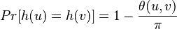 Pr[h(u) = h(v)] = 1 - \frac{\theta(u,v)}{\pi}