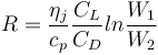 R=\frac{\eta_j}{c_p} \frac{C_L}{C_D} ln \frac{W_1}{W_2}