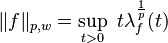 \|f\|_{p,w} = \sup_{t > 0} ~ t \lambda_f^{\frac{1}{p}}(t)