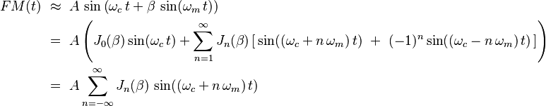 \begin{align}
FM(t)	& \ \approx\ A\,\sin\left(\omega_c\,t + \beta\,\sin(\omega_m\,t)\right) \\
	& \ =\ A\left( J_0(\beta) \sin(\omega_c\,t)
	     + \sum_{n=1}^{\infty} J_n(\beta)\left[\,\sin((\omega_c+n\,\omega_m)\,t)\ +\ (-1)^{n}\sin((\omega_c-n\,\omega_m)\,t)\,\right] \right) \\
	& \ =\ A\sum_{n=-\infty}^{\infty} J_n(\beta)\,\sin((\omega_c+n\,\omega_m)\,t)
\end{align}