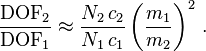  \frac {\mathrm{DOF}_2} {\mathrm{DOF}_1} \approx \frac {N_2 \, c_2} {N_1 \, c_1} \left ( \frac {m_1} {m_2} \right )^2 \,.