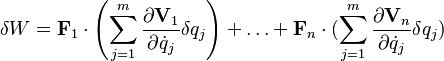  \delta W = \mathbf{F}_1\cdot \left(\sum_{j=1}^m \frac{\partial \mathbf{V}_1}{\partial \dot{q}_j}\delta q_j\right) + \ldots + \mathbf{F}_n\cdot(\sum_{j=1}^m \frac{\partial \mathbf{V}_n}{\partial \dot{q}_j}\delta q_j)