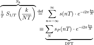 
\begin{align}
\overbrace{\tfrac{1}{T}\ S_{1/T}\left(\frac{k}{NT}\right)}^{S_k}\ &\stackrel{\text{def}}{=}\ \sum_{n=-\infty}^{\infty} s(nT)\cdot e^{-i 2\pi \frac{kn}{N}}\\
&\equiv \underbrace{\sum_{N} s_P(nT)\cdot e^{-i 2\pi \frac{kn}{N}}}_{\text{DFT}}\,
\end{align}
