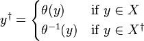 y^\dagger = 
\begin{cases}
  \theta(y) & \text{if } y \in X \\
  \theta^{-1}(y) & \text{if } y \in X^\dagger
\end{cases}