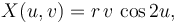  X(u,v) = r \, v \, \cos 2 u, 