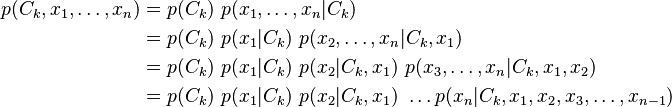 
\begin{align}
p(C_k, x_1, \dots, x_n) & = p(C_k) \ p(x_1, \dots, x_n \vert C_k) \\
                        & = p(C_k) \ p(x_1 \vert C_k) \ p(x_2, \dots, x_n \vert C_k, x_1) \\
                        & = p(C_k) \ p(x_1 \vert C_k) \ p(x_2 \vert C_k, x_1) \ p(x_3, \dots, x_n \vert C_k, x_1, x_2) \\
                        & = p(C_k) \ p(x_1 \vert C_k) \ p(x_2 \vert C_k, x_1) \ \dots p(x_n \vert C_k, x_1, x_2, x_3, \dots, x_{n-1})
\end{align}
