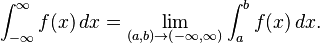 \int_{-\infty}^\infty f(x)\,dx = \lim_{(a, b)\to(-\infty,\infty)}\int_a^b f(x)\,dx.