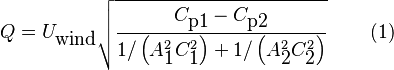 Q = U_{\textrm{wind}}\sqrt{\frac{C_{\textrm{p1}}-C_{\textrm{p2}}}{1/\left(A_{\textrm{1}}^2C_{\textrm{1}}^2\right)+1/\left(A_{\textrm{2}}^2C_{\textrm{2}}^2\right)}}\qquad{}\left(1\right)