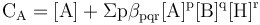 \mathrm{C_A = [A] + \Sigma p \beta_{pqr}[A]^p[B]^q[H]^{r}}