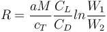 R=\frac{aM}{c_T}\frac{C_L}{C_D}ln\frac{W_1}{W_2}