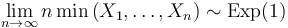 \lim_{n \to \infty}n \min \left (X_1, \ldots, X_n \right ) \sim \textrm{Exp}(1)