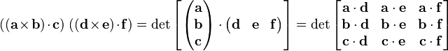 ((\mathbf{a}\times \mathbf{b})\cdot \mathbf{c})\;((\mathbf{d}\times \mathbf{e})\cdot \mathbf{f}) = \det\left[ \begin{pmatrix}
  \mathbf{a} \\
  \mathbf{b} \\
  \mathbf{c}
\end{pmatrix}\cdot \begin{pmatrix}
  \mathbf{d} & \mathbf{e} & \mathbf{f}
\end{pmatrix}\right] = \det \begin{bmatrix}
  \mathbf{a}\cdot \mathbf{d} & \mathbf{a}\cdot \mathbf{e} & \mathbf{a}\cdot \mathbf{f} \\
  \mathbf{b}\cdot \mathbf{d} & \mathbf{b}\cdot \mathbf{e} & \mathbf{b}\cdot \mathbf{f} \\
  \mathbf{c}\cdot \mathbf{d} & \mathbf{c}\cdot \mathbf{e} & \mathbf{c}\cdot \mathbf{f}
\end{bmatrix}