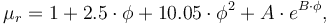 \mu_r = 1 + 2.5 \cdot \phi + 10.05 \cdot \phi^2 + A \cdot e^{B \cdot \phi},