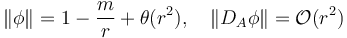  \left\| \phi \right\| = 1- \frac{m}{r} + \theta(r^2), \quad \left\| D_A \phi \right\| = \mathcal{O} (r^2)