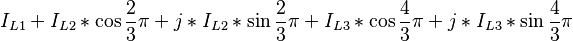 I_{L1} + I_{L2} * \cos\frac{2}{3}\pi + j * I_{L2} * \sin\frac{2}{3}\pi + I_{L3} * \cos\frac{4}{3}\pi + j * I_{L3} * \sin\frac{4}{3}\pi