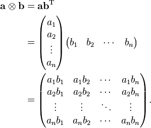 \begin{align}
\mathbf{a}\otimes\mathbf{b} &=\mathbf{a}\mathbf{b}^\mathrm{T}\\
&=\begin{pmatrix}a_1 \\ a_2 \\ \vdots \\ a_n\end{pmatrix}
\begin{pmatrix}b_1 & b_2 & \cdots & b_n\end{pmatrix}\\
&=\begin{pmatrix}
a_1 b_1 & a_1 b_2 & \cdots & a_1 b_n \\
a_2 b_1 & a_2 b_2 & \cdots & a_2 b_n \\
\vdots & \vdots & \ddots & \vdots \\
a_n b_1 & a_n b_2 & \cdots & a_n b_n \\
\end{pmatrix}.
\end{align}