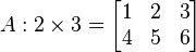 A:2\times 3 =
  \begin{bmatrix}
    1 & 2 & 3 \\
    4 & 5 & 6
  \end{bmatrix}
