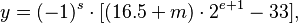 y = (-1)^s \cdot [(16.5 + m) \cdot 2^{e + 1} - 33],