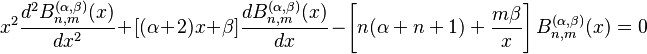 x^2\frac{d^2B_{n,m}^{(\alpha,\beta)}(x)}{dx^2} + [(\alpha+2)x+\beta]\frac{dB_{n,m}^{(\alpha,\beta)}(x)}{dx} - \left[ n(\alpha+n+1) + \frac{m \beta}{x} \right] B_{n,m}^{(\alpha,\beta)}(x)=0