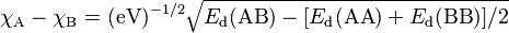 \chi_{\rm A} - \chi_{\rm B} = ({\rm eV})^{-1/2} \sqrt{E_{\rm d}({\rm AB}) - [E_{\rm d}({\rm AA}) + E_{\rm d}({\rm BB})]/2}