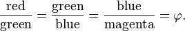 \frac{\mathrm{red}}{\mathrm{green}} = \frac{\mathrm{green}}{\mathrm{blue}} = \frac{\mathrm{blue}}{\mathrm{magenta}} = \varphi.