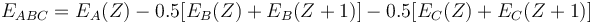 E_{ABC}=E_A(Z)-0.5[E_B(Z)+E_B(Z+1)]-0.5[E_C(Z)+E_C(Z+1)]