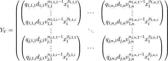 
Y_{V} = \begin{pmatrix} \begin{pmatrix} 
q_{1,1,1} d_{1,1} v_{1,1}^{\alpha_{1,1,1}-1} x_{1}^{\beta_{1,1,1}} \\ \vdots \\ q_{1,1,i} d_{1,1} v_{1,1}^{\alpha_{1,1,i}-1} x_{i}^{\beta_{1,1,i}} 
\end{pmatrix} & \cdots & \begin{pmatrix}
q_{1,n,1} d_{1,n} v_{1,n}^{\alpha_{1,n,1}-1} x_{1}^{\beta_{1,n,1}} \\ \vdots \\ q_{1,n,i} d_{1,n} v_{1,n}^{\alpha_{1,n,i}-1} x_{i}^{\beta_{1,n,i}} 
\end{pmatrix} \\ \vdots & \ddots & \vdots \\ \begin{pmatrix} 
q_{j,1,1} d_{j,1} v_{j,1}^{\alpha_{j,1,1}-1} x_{1}^{\beta_{j,1,1}} \\ \vdots \\ q_{j,1,i} d_{j,1} v_{j,1}^{\alpha_{j,1,i}-1} x_{i}^{\beta_{j,1,i}} 
\end{pmatrix} & \cdots & \begin{pmatrix}
q_{j,n,1} d_{j,n} v_{j,n}^{\alpha_{j,n,1}-1} x_{1}^{\beta_{j,n,1}} \\ \vdots \\ q_{j,n,i} d_{j,n} v_{j,n}^{\alpha_{j,n,i}-1} x_{i}^{\beta_{j,n,i}} 
\end{pmatrix} \end{pmatrix}
