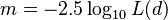 m = -2.5 \log_{10}L(d) 