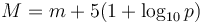  M = m + 5 (1 + \log_{10}{p})\!\,